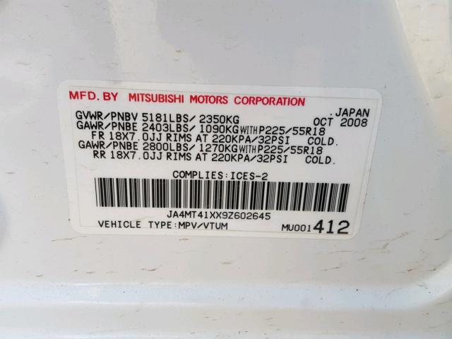 JA4MT41XX9Z602645 - 2009 MITSUBISHI OUTLANDER WHITE photo 10