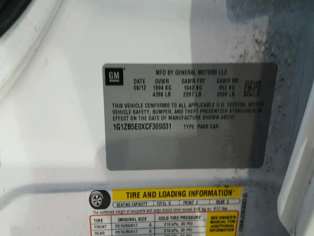 1G1ZB5E0XCF369031 - 2012 CHEVROLET MALIBU LS 白色 照片 10