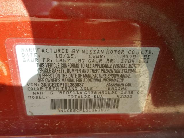 3N1CE2CP1GL363037 - 2016 NISSAN VERSA NOTE BURGUNDY photo 10