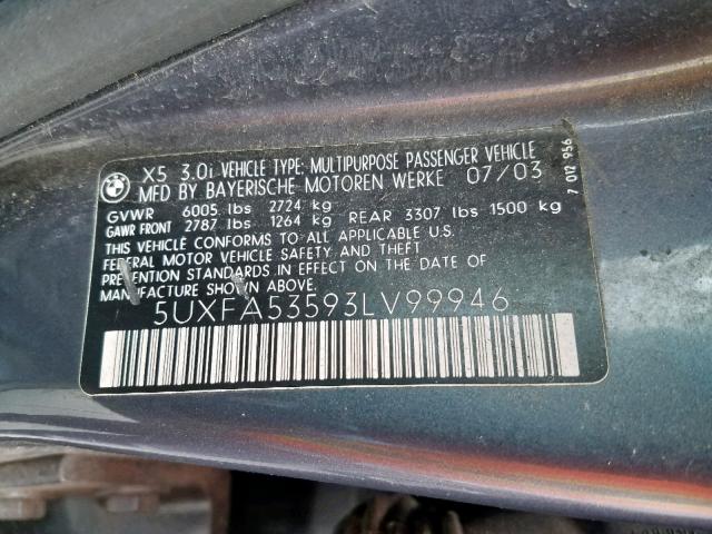 5UXFA53593LV99946 - 2003 BMW X5 3.0I GRAY photo 10