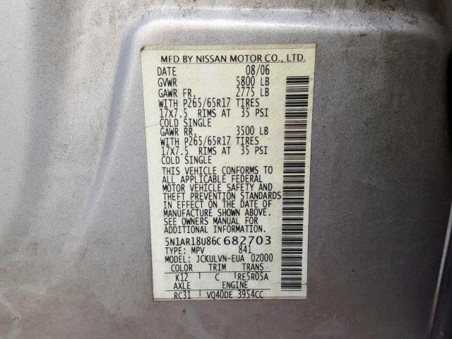 5N1AR18U86C682703 - 2006 NISSAN PATHFINDER SILVER photo 10