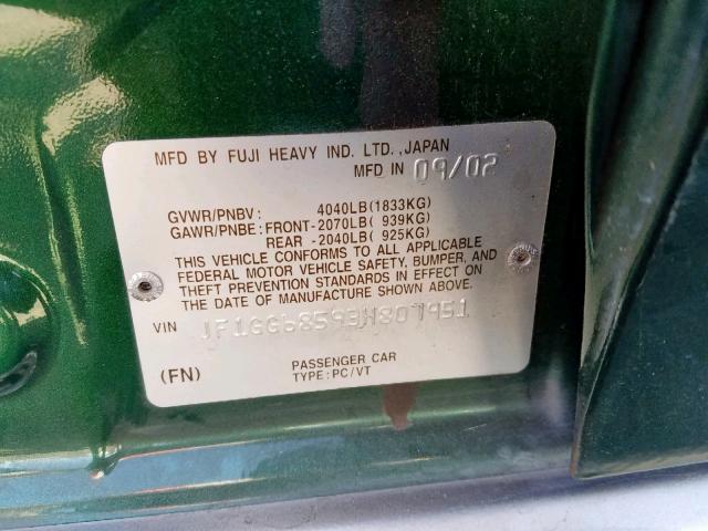 JF1GG68593H807951 - 2003 SUBARU IMPREZA OU GREEN photo 10