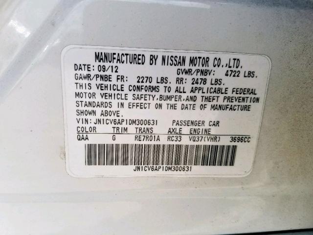 JN1CV6AP1DM300631 - 2013 INFINITI G37 BASE WHITE photo 10