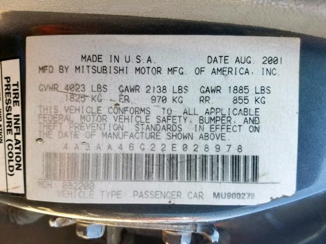 4A3AA46G22E028978 - 2002 MITSUBISHI GALANT ES GRAY photo 10