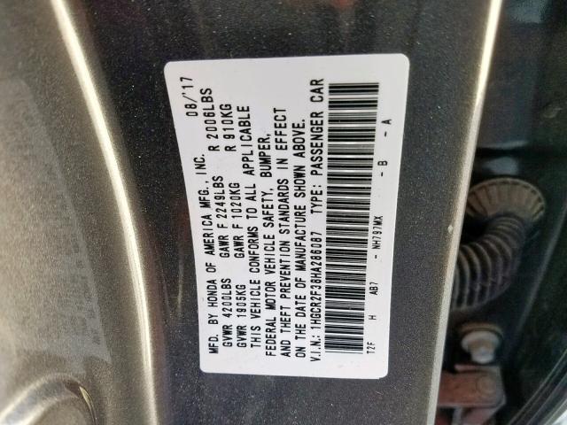 1HGCR2F38HA286087 - 2017 HONDA ACCORD LX GRAY photo 10