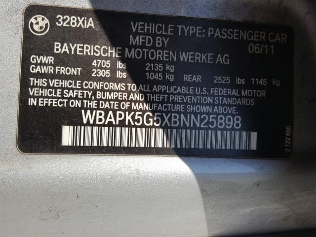 WBAPK5G5XBNN25898 - 2011 BMW 328 XI SUL SILVER photo 10