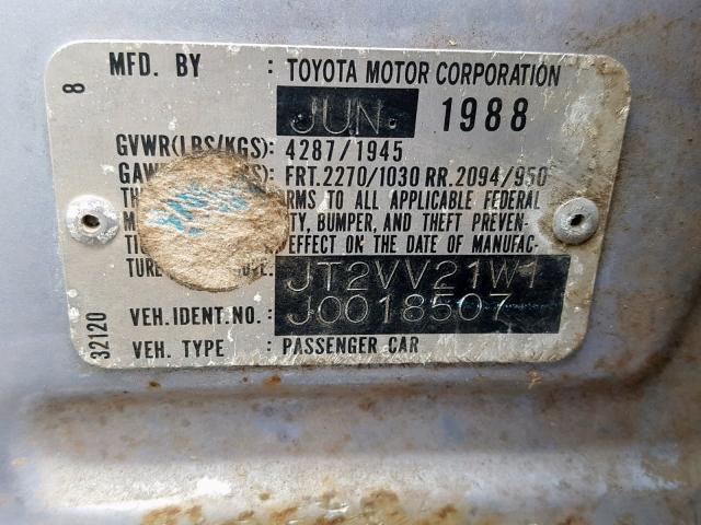JT2VV21W1J0018507 - 1988 TOYOTA CAMRY DLX 蓝色 照片 10