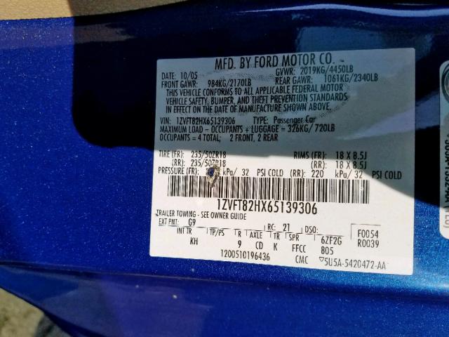 1ZVFT82HX65139306 - 2006 FORD MUSTANG GT BLUE photo 10