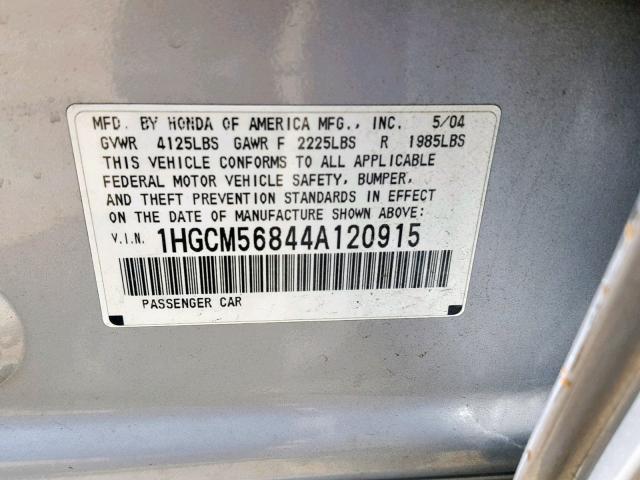 1HGCM56844A120915 - 2004 HONDA ACCORD EX SILVER photo 10