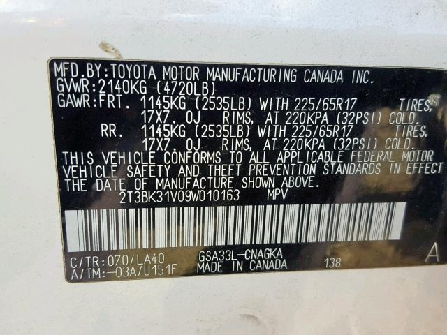 2T3BK31V09W010163 - 2009 TOYOTA RAV4 LIMIT WHITE photo 10