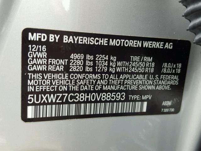5UXWZ7C38H0V88593 - 2017 BMW X3 SDRIVE2 SILVER photo 10