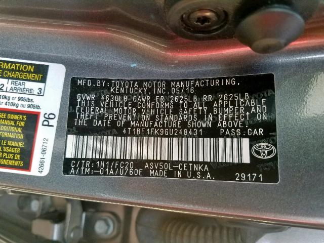 4T1BF1FK9GU248431 - 2016 TOYOTA CAMRY LE GRAY photo 10