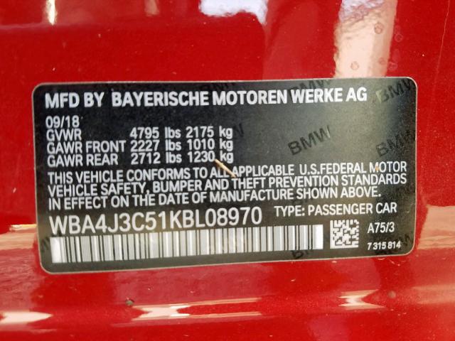 WBA4J3C51KBL08970 - 2019 BMW 430XI GRAN RED photo 10