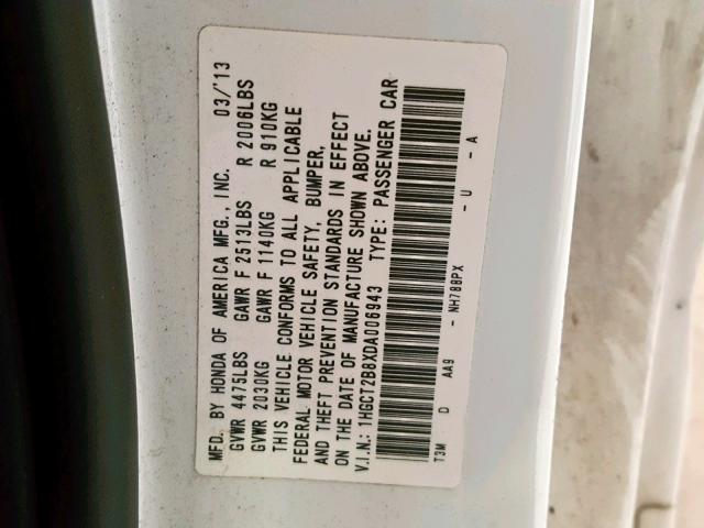 1HGCT2B8XDA006943 - 2013 HONDA ACCORD EXL WHITE photo 10