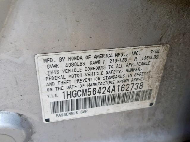 1HGCM56424A162738 - 2004 HONDA ACCORD LX SILVER photo 10