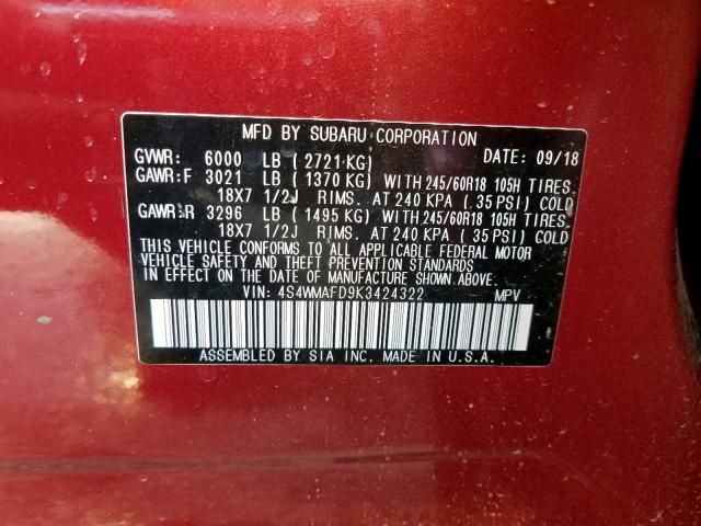 4S4WMAFD9K3424322 - 2019 SUBARU ASCENT PRE RED photo 10