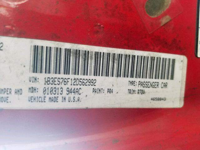 1B3ES76F12D562992 - 2002 DODGE NEON R/T RED photo 10