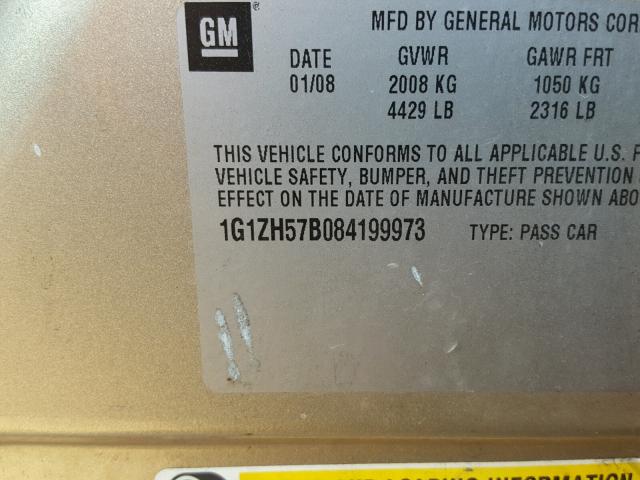 1G1ZH57B084199973 - 2008 CHEVROLET MALIBU 1LT GOLD photo 10