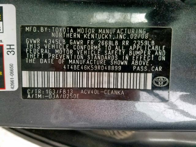 4T4BE46K59R048899 - 2009 TOYOTA CAMRY BASE GRAY photo 10