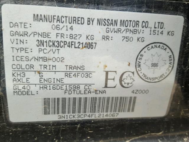 3N1CK3CP4FL214067 - 2015 NISSAN MICRA BLACK photo 10