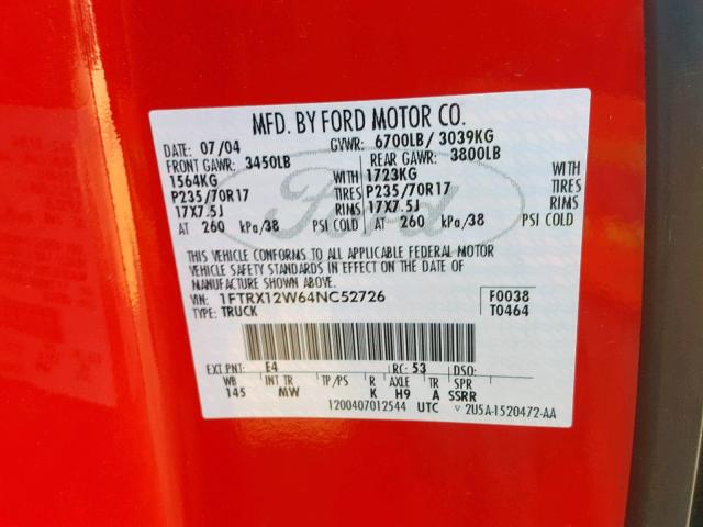 1FTRX12W64NC52726 - 2004 FORD F150 RED photo 10