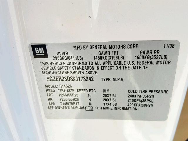 5GZER23D89J173342 - 2009 SATURN OUTLOOK XR თეთრი ფოტო 10