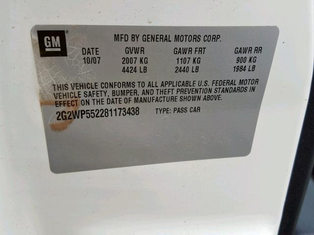 2G2WP552281173438 - 2008 PONTIAC GRAND PRIX WHITE photo 10