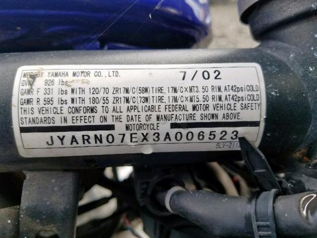 JYARN07EX3A006523 - 2003 YAMAHA FZS10 BLUE photo 10