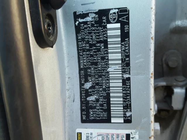 2T1KR32E55C374013 - 2005 TOYOTA COROLLA MA SILVER photo 10