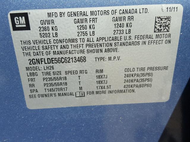 2GNFLDE56C6213468 - 2012 CHEVROLET EQUINOX LT BLUE photo 10