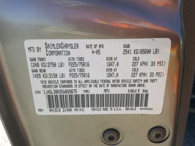 1J4GL38K65W669675 - 2005 JEEP LIBERTY RE GOLD photo 10