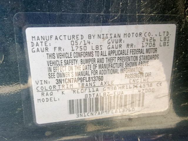 3N1CN7AP9FL813760 - 2015 NISSAN VERSA S BLUE photo 10