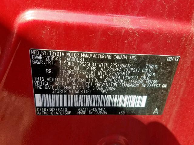 2T3RFREV4DW081164 - 2013 TOYOTA RAV4 XLE RED photo 10