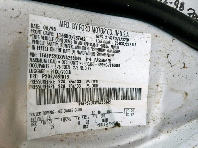 1FAFP52UXWA258845 - 1998 FORD TAURUS LX SILVER photo 10