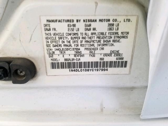 1N4DL01D8YC197994 - 2000 NISSAN ALTIMA XE WHITE photo 10