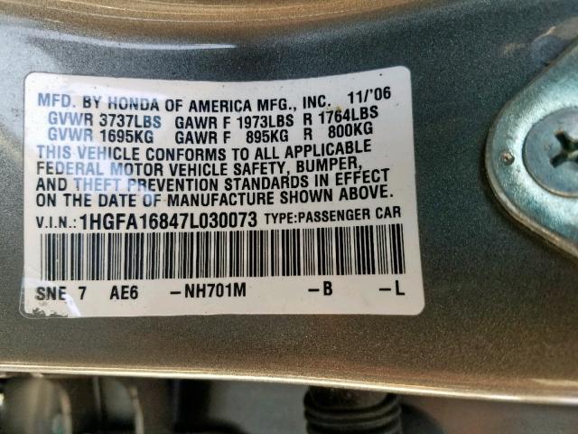 1HGFA16847L030073 - 2007 HONDA CIVIC EX CHARCOAL photo 10