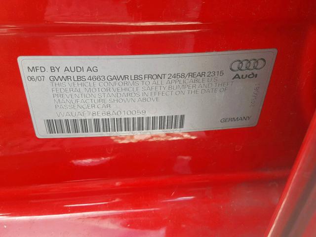 WAUAF78E68A010059 - 2008 AUDI A4 2.0T RED photo 10