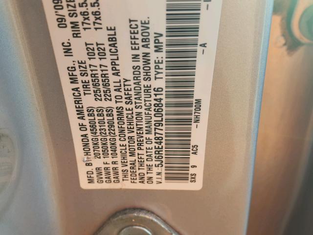 5J6RE48779L068416 - 2009 HONDA CR-V EXL SILVER photo 10