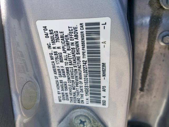 1HGES16324L022742 - 2004 HONDA CIVIC DX V SILVER photo 10