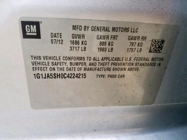 1G1JA5SH0C4224215 - 2012 CHEVROLET SONIC LS 银色 照片 10