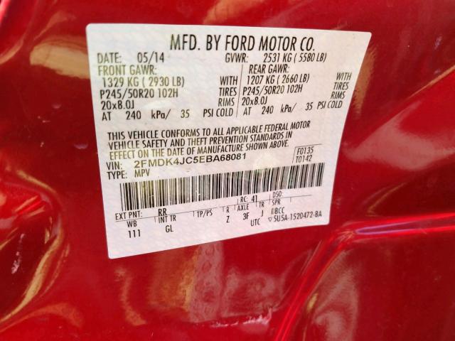 2FMDK4JC5EBA68081 - 2014 FORD EDGE SEL RED photo 10