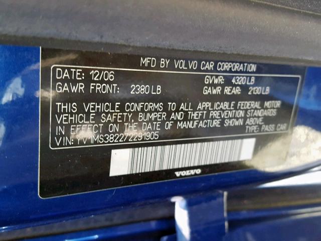 YV1MS382272291905 - 2007 VOLVO S40 2.4I BLUE photo 10