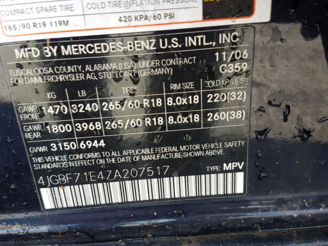 4JGBF71E47A207517 - 2007 MERCEDES-BENZ GL 450 4MA BLUE photo 10