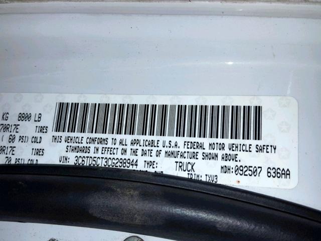 3C6TD5CT3CG298944 - 2012 DODGE RAM 2500 S თეთრი ფოტო 10