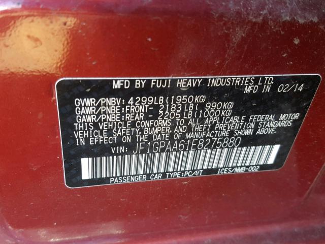 JF1GPAA61E8275880 - 2014 SUBARU IMPREZA BA RED photo 10