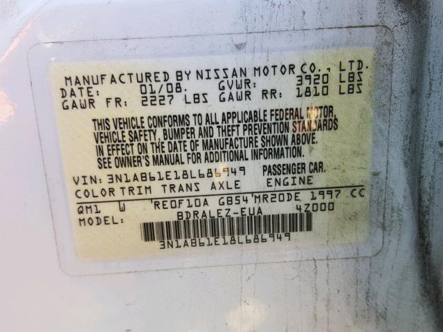 3N1AB61E18L686949 - 2008 NISSAN SENTRA 2.0 WHITE photo 10