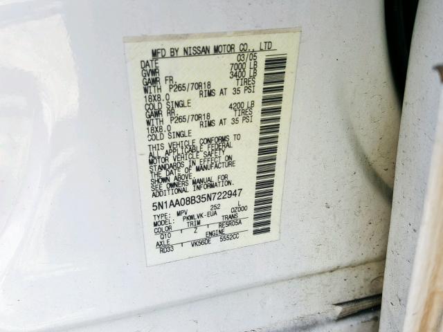 5N1AA08B35N722947 - 2005 NISSAN ARMADA SE WHITE photo 10