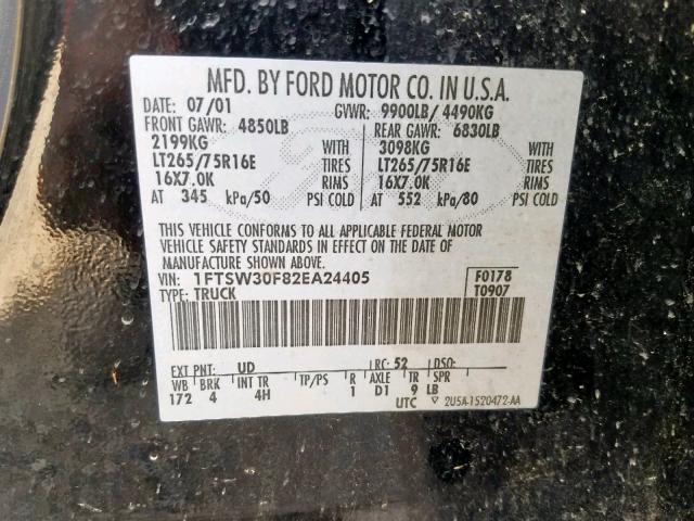 1FTSW30F82EA24405 - 2002 FORD F350 SRW S BLACK photo 10