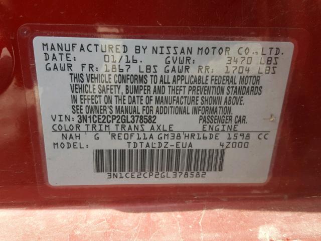 3N1CE2CP2GL378582 - 2016 NISSAN VERSA NOTE RED photo 10