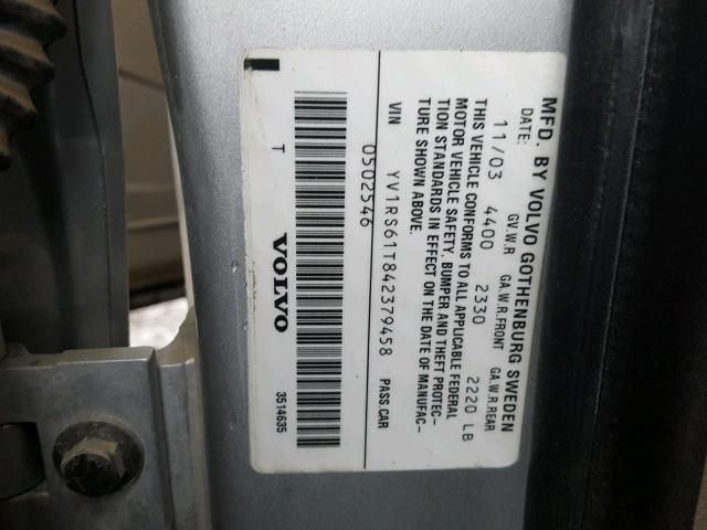 YV1RS61T842379458 - 2004 VOLVO S60 SILVER photo 10